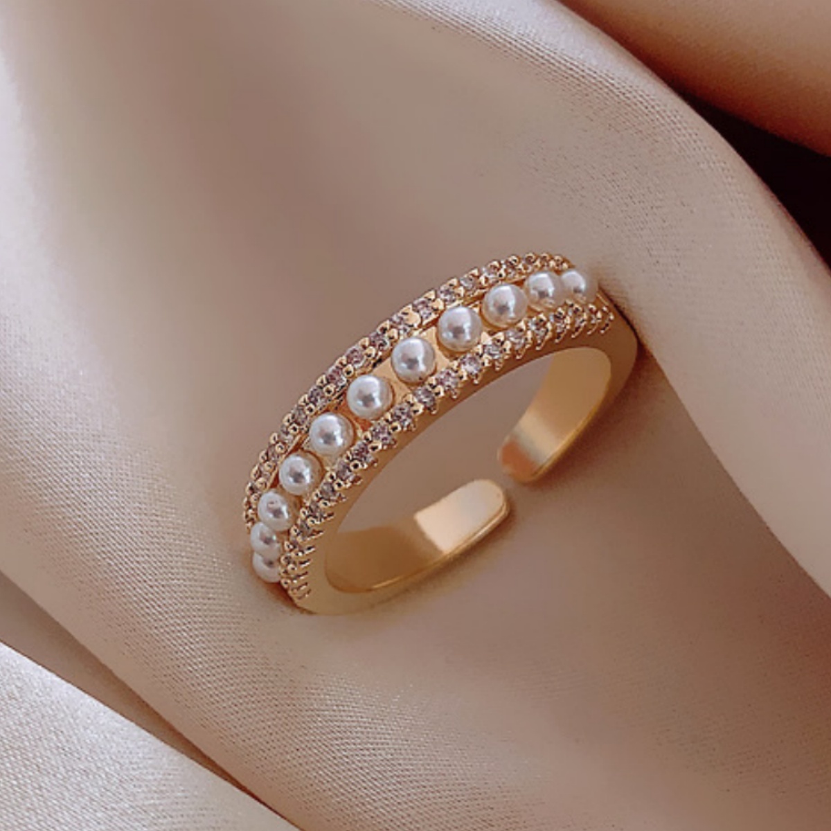 14K Gold Plated Korean Micro Inlaid Pearl Ring for Women, Open Adjustable Index Finger Ring, Ins Trend Minimalist Chic Style