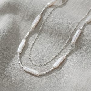 Baroque Small Silver Bar Shaped Freshwater Pearl Necklace Elegant Minimalist Silver Collar Chain