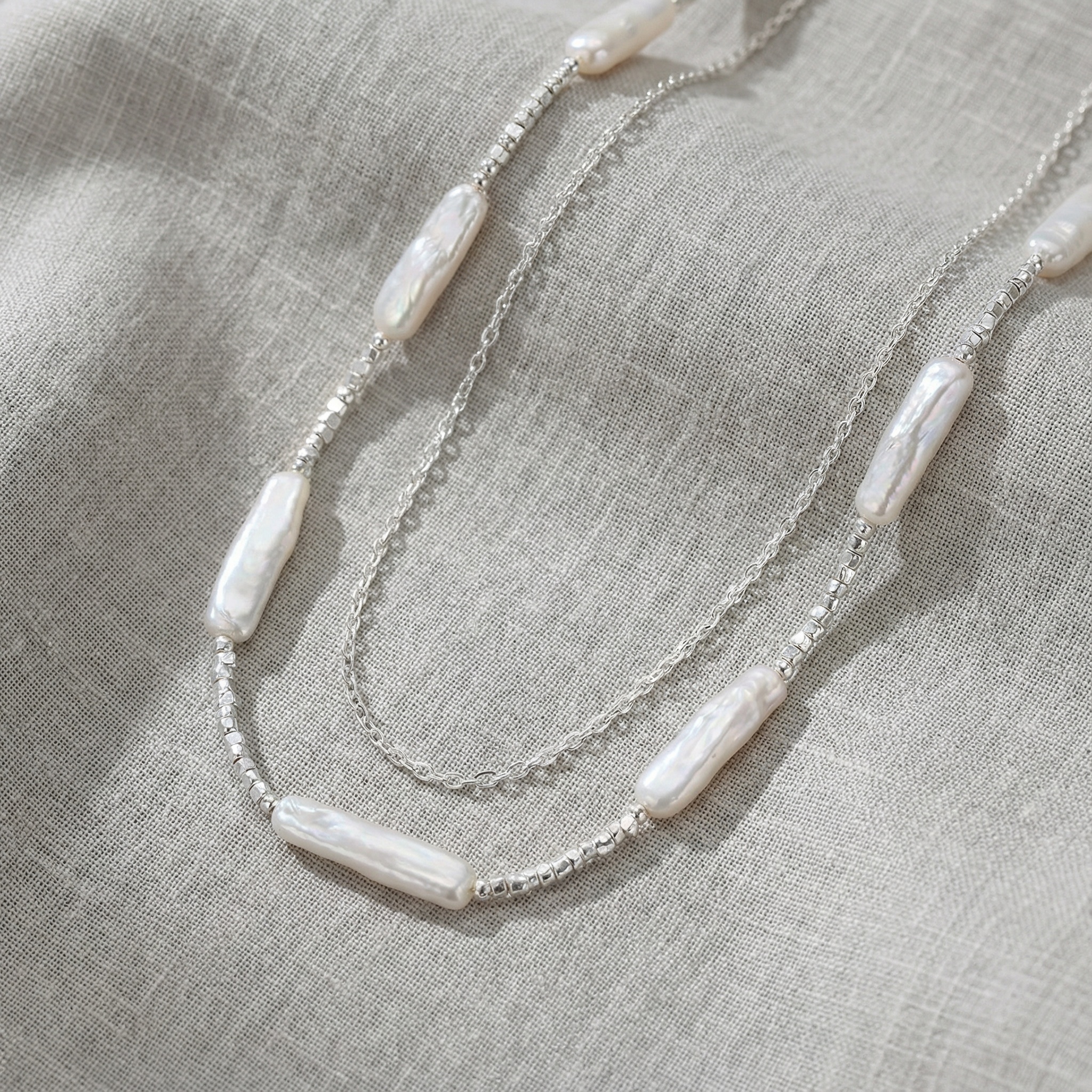 Baroque Small Silver Bar Shaped Freshwater Pearl Necklace Elegant Minimalist Silver Collar Chain